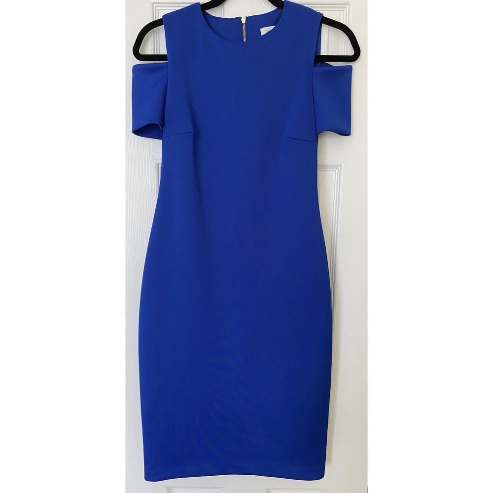 Calvin Klein Cold Shoulder Sheath Dress Size 4 Royal Cobalt Blue Gold Zipper